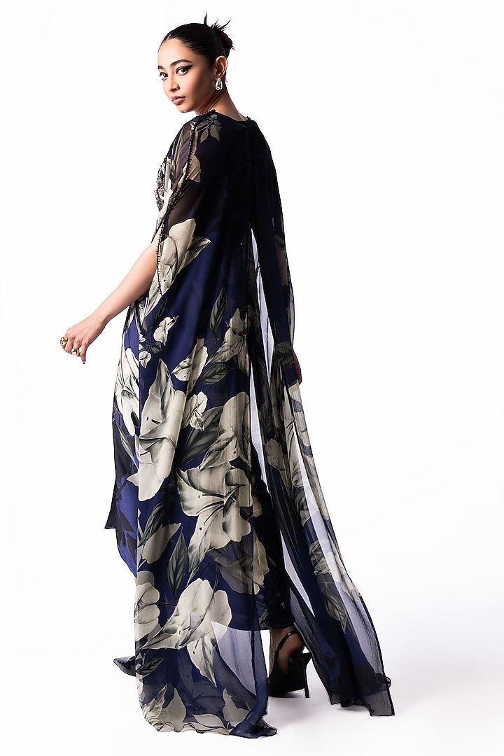 Navy Satin Printed & Sequin Embroidered Draped Jacket Party Wear Dress by Nupur Kanoi at Pernia's Pop Up Shop
