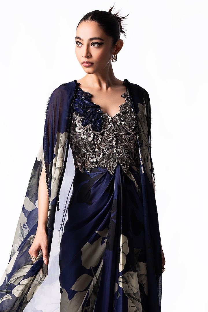 Navy Satin Printed & Sequin Embroidered Draped Jacket Party Wear Dress by Nupur Kanoi at Pernia's Pop Up Shop