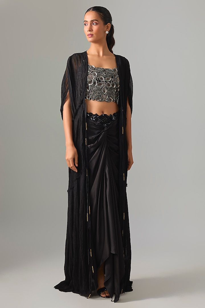 Black Satin Front-Knot Skirt Set by Nupur Kanoi at Pernia's Pop Up Shop