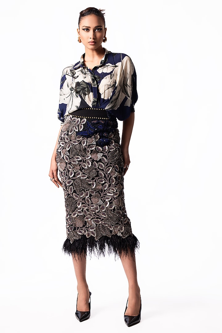 Navy & Silver Lycra Feather Embroidered Pencil Skirt Set by Nupur Kanoi at Pernia's Pop Up Shop
