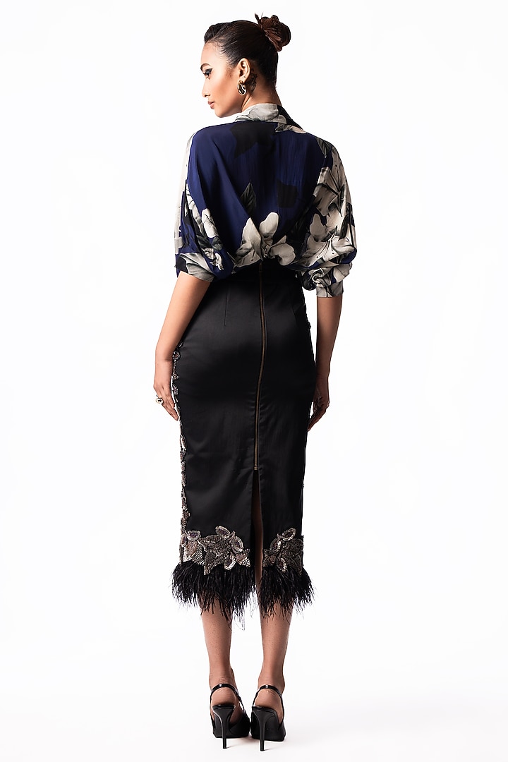 Navy & Silver Lycra Feather Embroidered Pencil Skirt Set by Nupur Kanoi at Pernia's Pop Up Shop