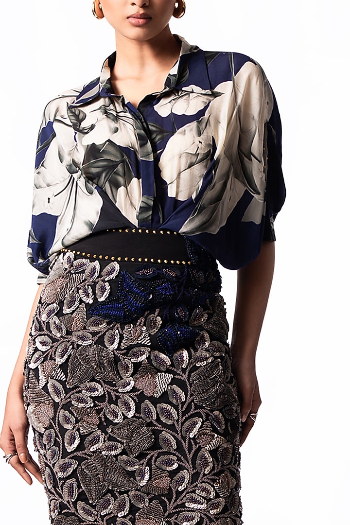 Navy & Silver Lycra Feather Embroidered Pencil Skirt Set by Nupur Kanoi at Pernia's Pop Up Shop