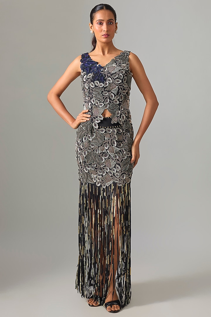Silver & Black Crepe Skirt Set by Nupur Kanoi at Pernia's Pop Up Shop