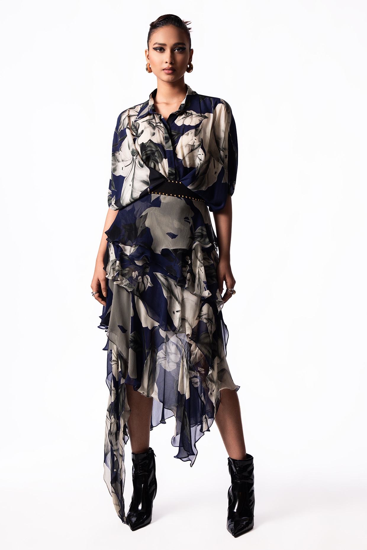 Nupur Kanoi Navy Chiffon Printed Ruffled Skirt Set