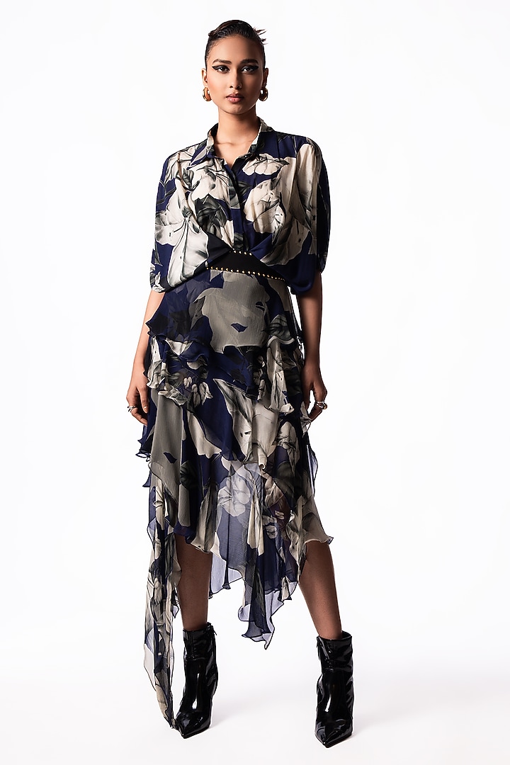 Navy Chiffon Printed Ruffled Skirt Set by Nupur Kanoi at Pernia's Pop Up Shop