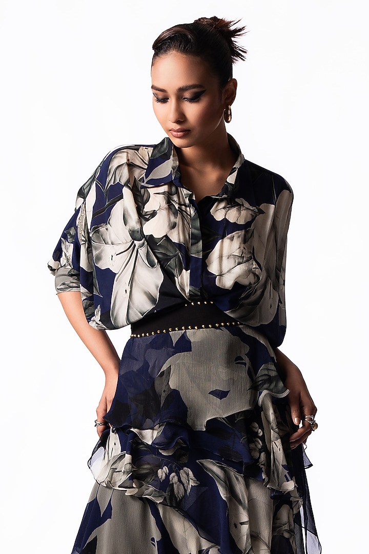 Navy Chiffon Printed Ruffled Skirt Set by Nupur Kanoi at Pernia's Pop Up Shop