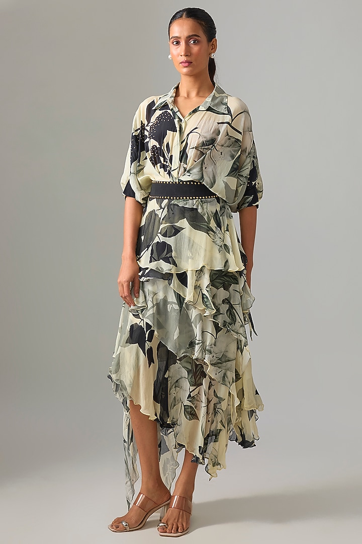 Ivory Chiffon Printed Ruffled Skirt Set by Nupur Kanoi at Pernia's Pop Up Shop