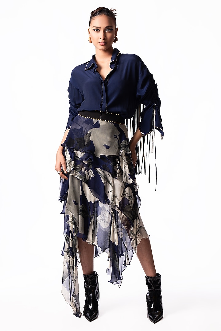 Navy Chiffon Printed Ruffled Skirt Set by Nupur Kanoi at Pernia's Pop Up Shop