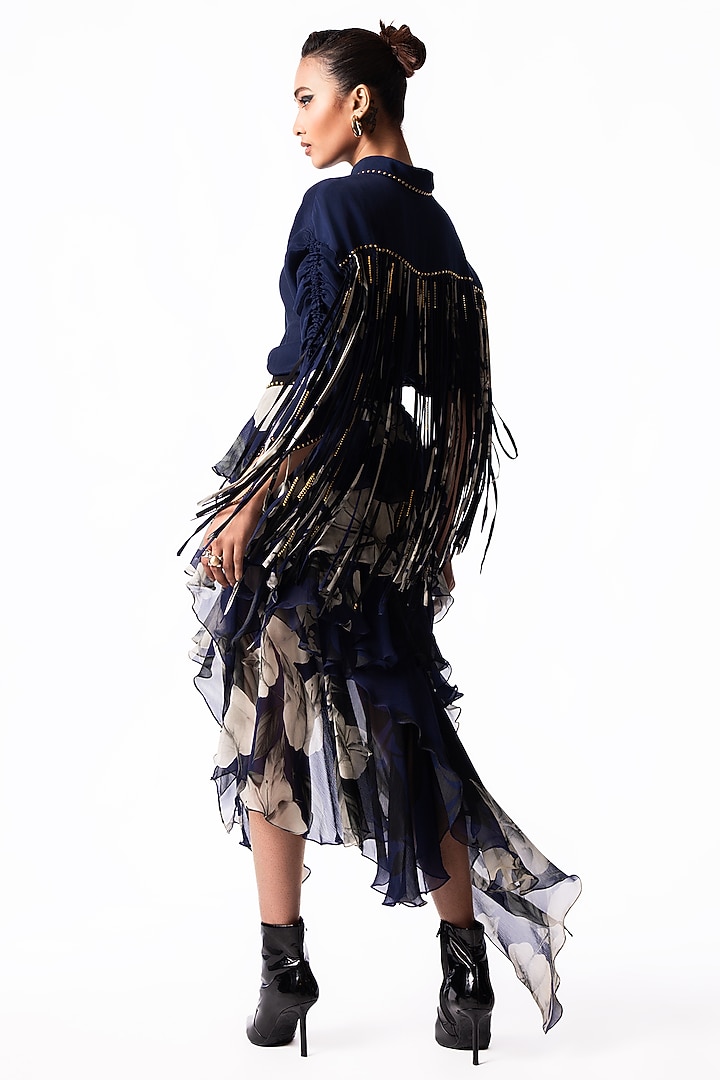 Navy Chiffon Printed Ruffled Skirt Set by Nupur Kanoi at Pernia's Pop Up Shop