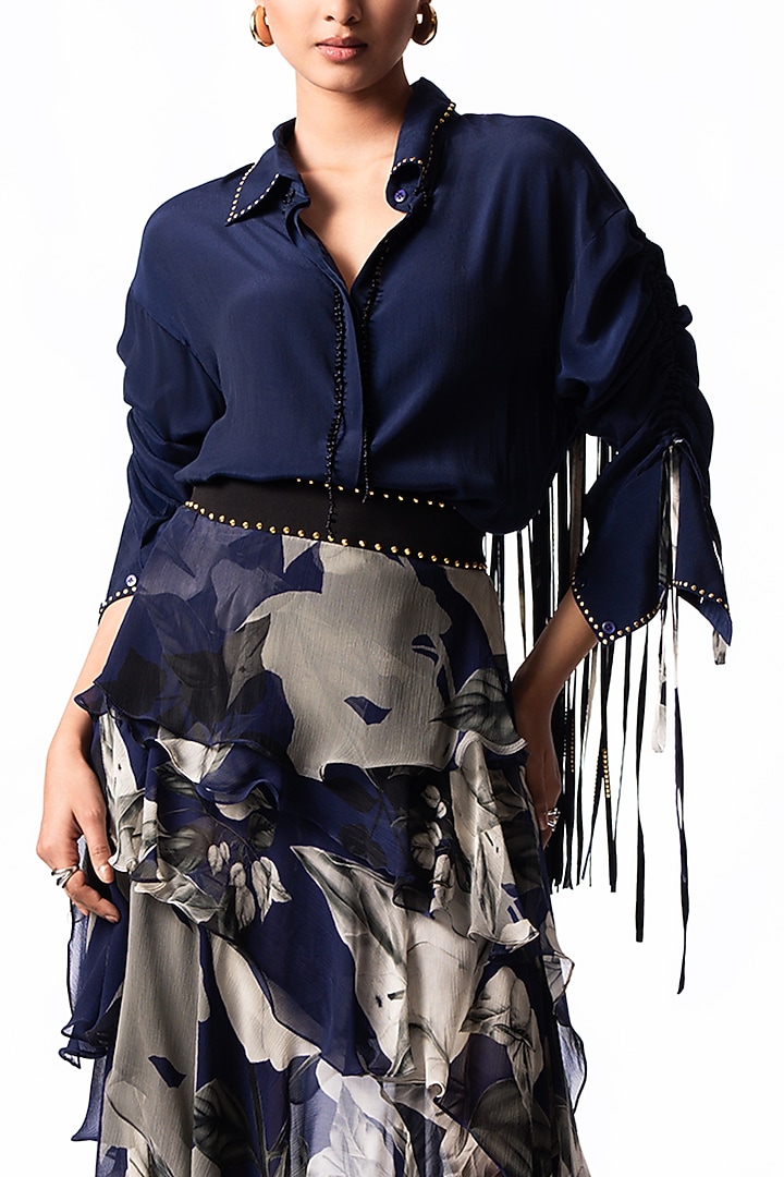 Navy Chiffon Printed Ruffled Skirt Set by Nupur Kanoi at Pernia's Pop Up Shop