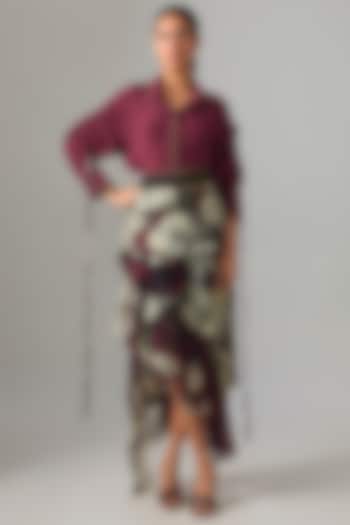 Burgundy Chiffon Printed Ruffled Skirt Set by Nupur Kanoi at Pernia's Pop Up Shop