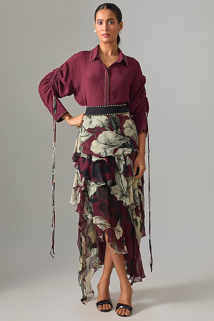 Burgundy Chiffon Printed Ruffled Skirt Set by Nupur Kanoi at Pernia's Pop Up Shop