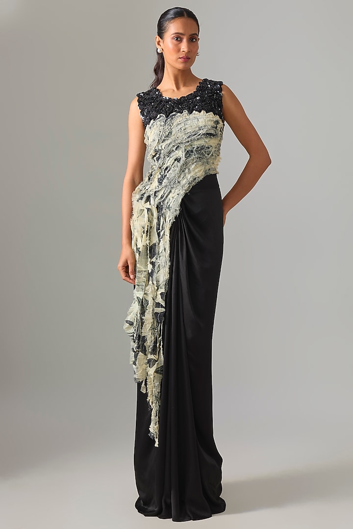 Black Satin Trail Skirt Set by Nupur Kanoi at Pernia's Pop Up Shop