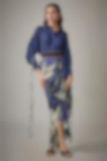 Navy Satin Digital Printed Fish-Cut Skirt Set by Nupur Kanoi at Pernia's Pop Up Shop