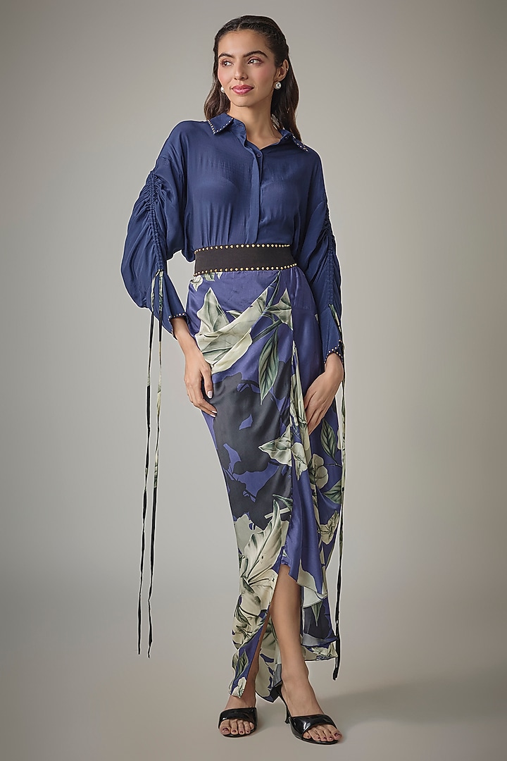 Navy Satin Digital Printed Fish-Cut Skirt Set by Nupur Kanoi at Pernia's Pop Up Shop
