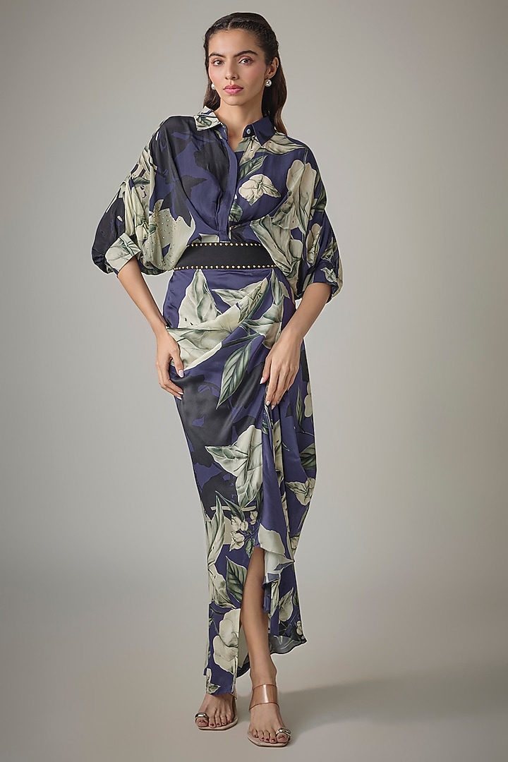 Navy Satin Digital Printed Fish-Cut Skirt Set by Nupur Kanoi at Pernia's Pop Up Shop