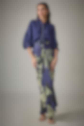 Navy Satin Digital Printed Knot Skirt Set by Nupur Kanoi at Pernia's Pop Up Shop