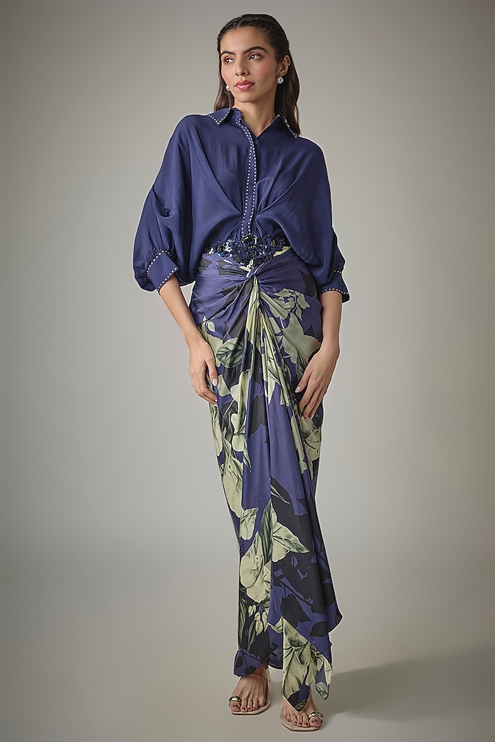 Navy Satin Digital Printed Knot Skirt Set by Nupur Kanoi at Pernia's Pop Up Shop
