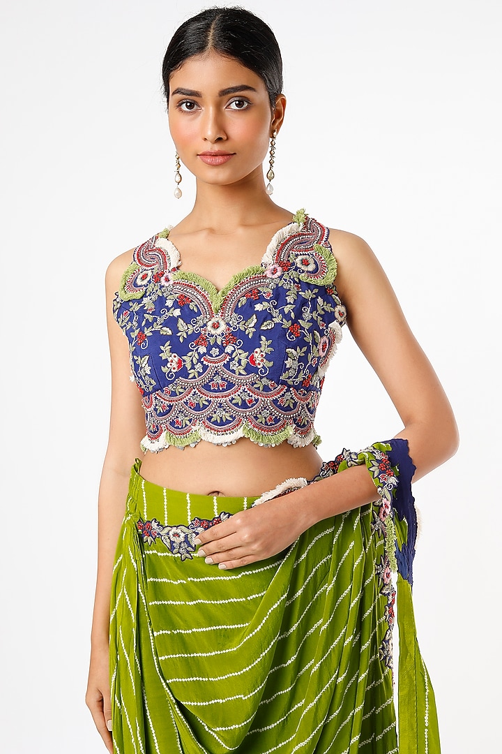Pista Green Bemberg Crepe Bandhani Printed & Zardosi Embroidered Dhoti Reception Saree Set by Nupur Kanoi at Pernia's Pop Up Shop
