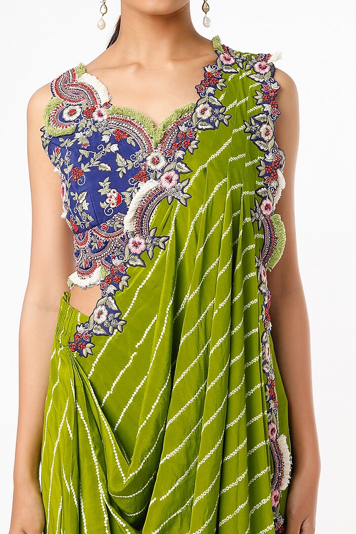 Pista Green Bemberg Crepe Bandhani Printed & Zardosi Embroidered Dhoti Reception Saree Set by Nupur Kanoi at Pernia's Pop Up Shop
