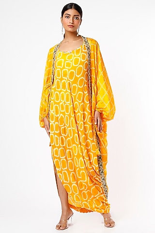 Mustard Bemberg Crepe & Habutai Silk Printed Jacket Dress by Nupur Kanoi