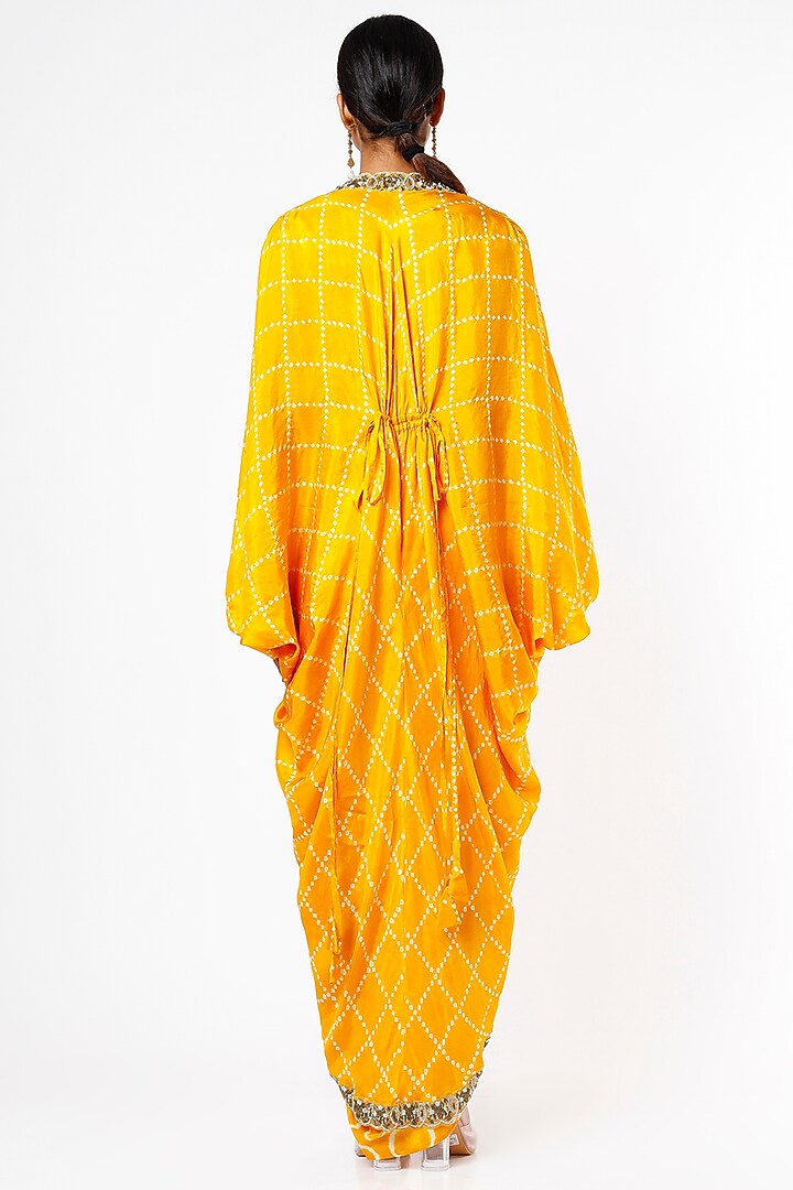 Mustard Bemberg Crepe & Habutai Silk Printed Jacket Party Wear Dress by Nupur Kanoi at Pernia's Pop Up Shop