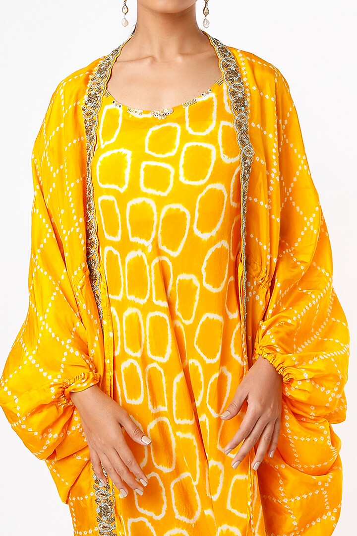 Mustard Bemberg Crepe & Habutai Silk Printed Jacket Party Wear Dress by Nupur Kanoi at Pernia's Pop Up Shop
