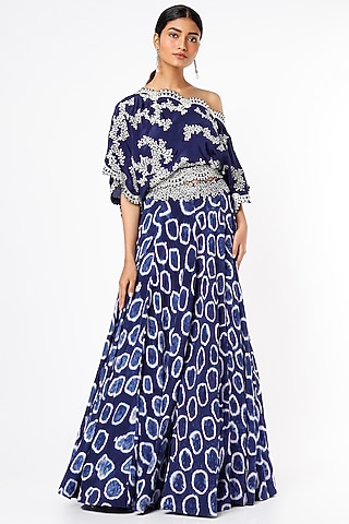 Navy Bemberg Crepe Poolka Dot Printed Lehenga Set by Nupur Kanoi