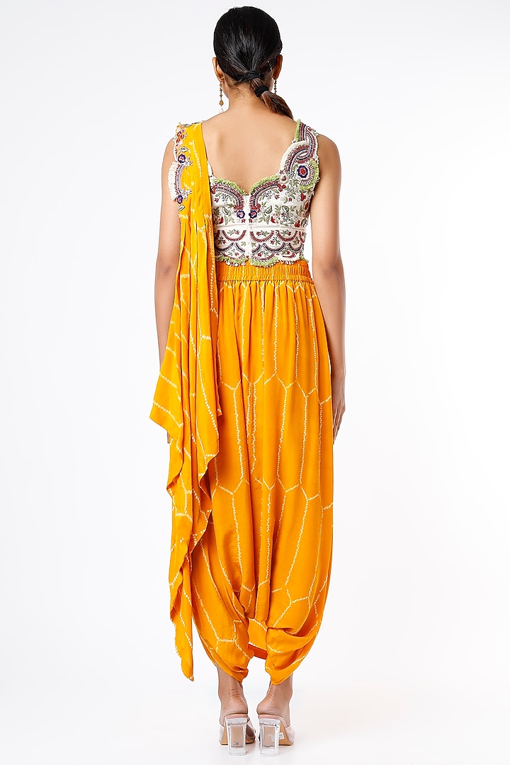 Mango Yellow Bemberg Crepe Bandhani Printed & Zardosi Embroidered Dhoti Reception Saree Set by Nupur Kanoi at Pernia's Pop Up Shop