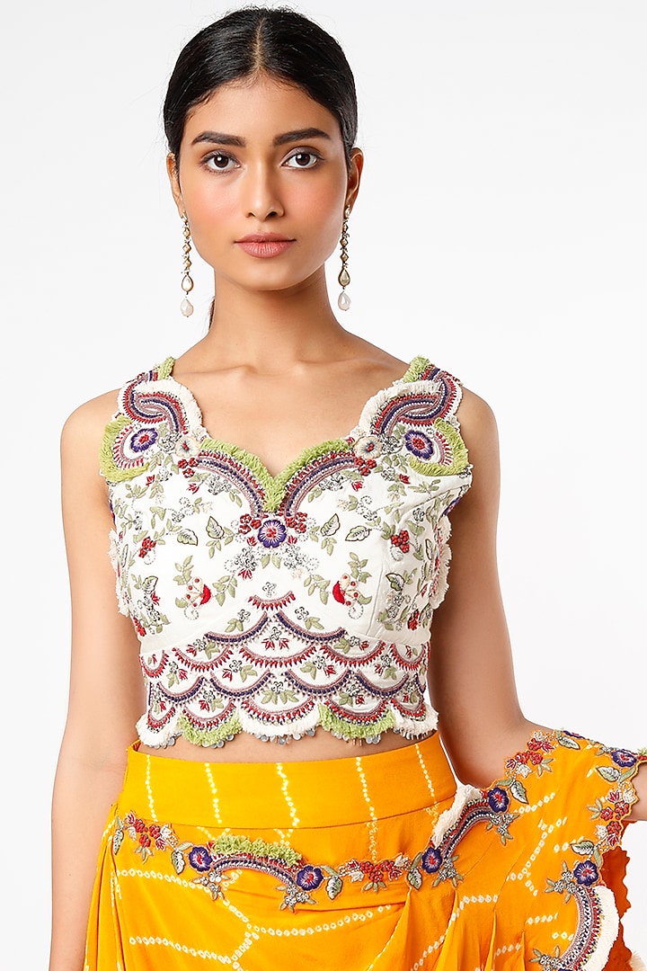 Mango Yellow Bemberg Crepe Bandhani Printed & Zardosi Embroidered Dhoti Reception Saree Set by Nupur Kanoi at Pernia's Pop Up Shop