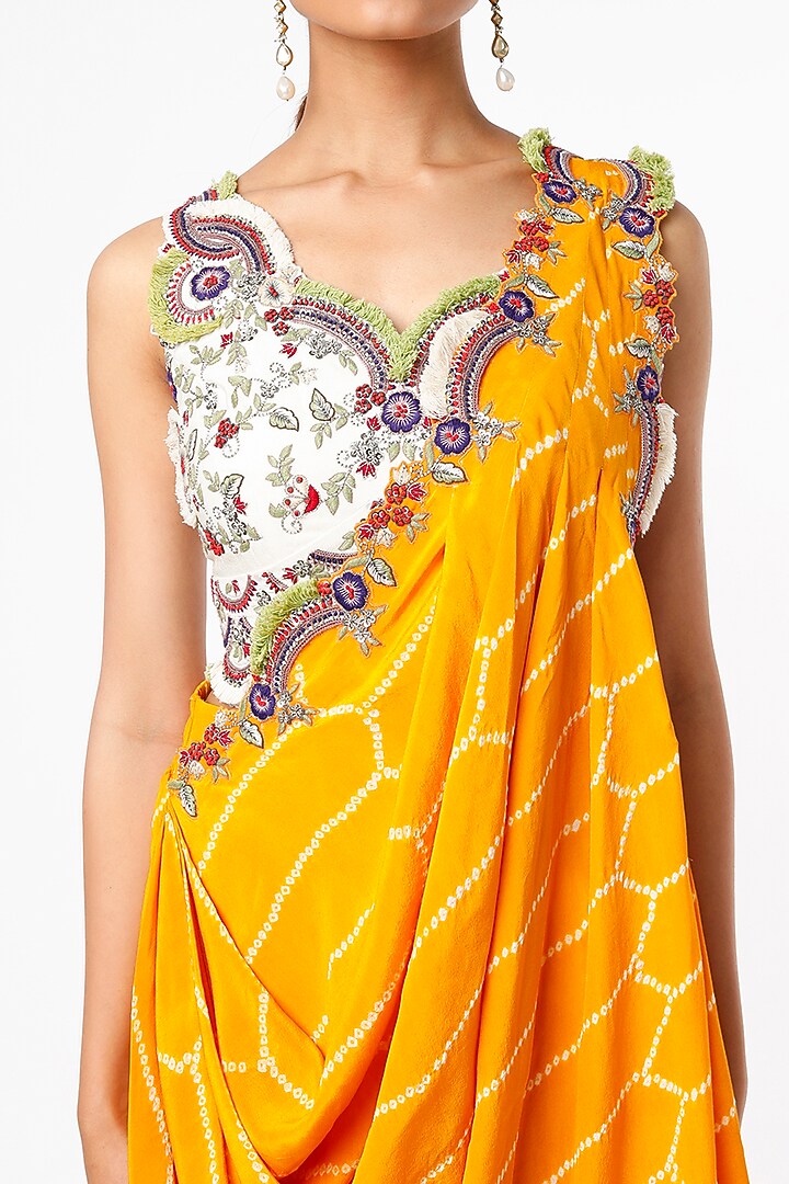 Mango Yellow Bemberg Crepe Bandhani Printed & Zardosi Embroidered Dhoti Reception Saree Set by Nupur Kanoi at Pernia's Pop Up Shop