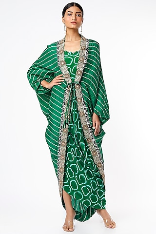 Emerald Green Crepe & Silk Printed Jacket Dress
 by Nupur Kanoi