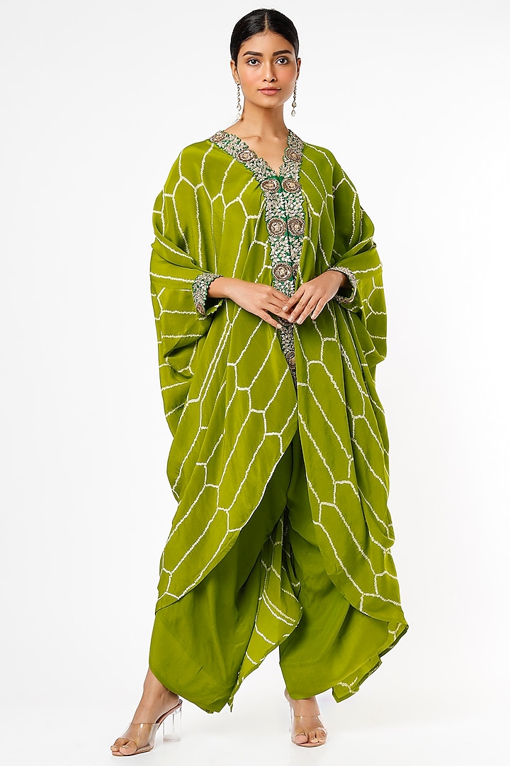 Pista Green Satin Drape Pant Set by Nupur Kanoi