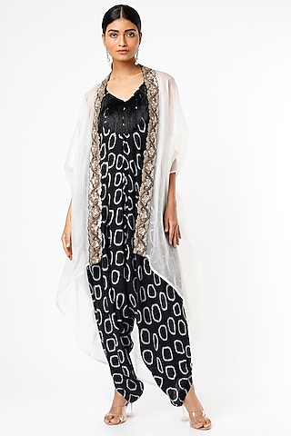 Black Printed Jumpsuit with Tail-Coat by Nupur Kanoi