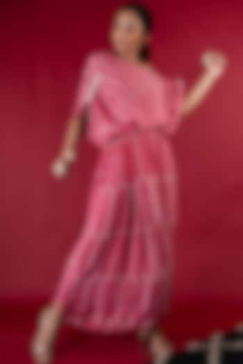 Old Rose Off-Shoulder Silk Jumpsuit by Nupur Kanoi