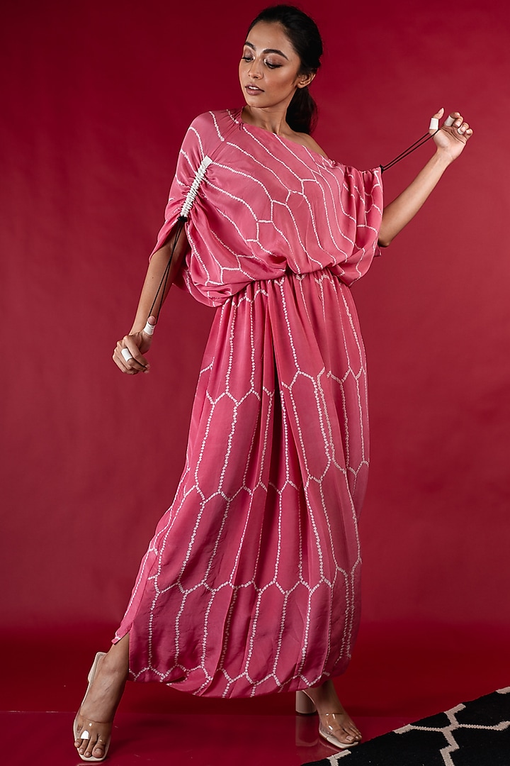 Old Rose Off-Shoulder Silk Jumpsuit by Nupur Kanoi
