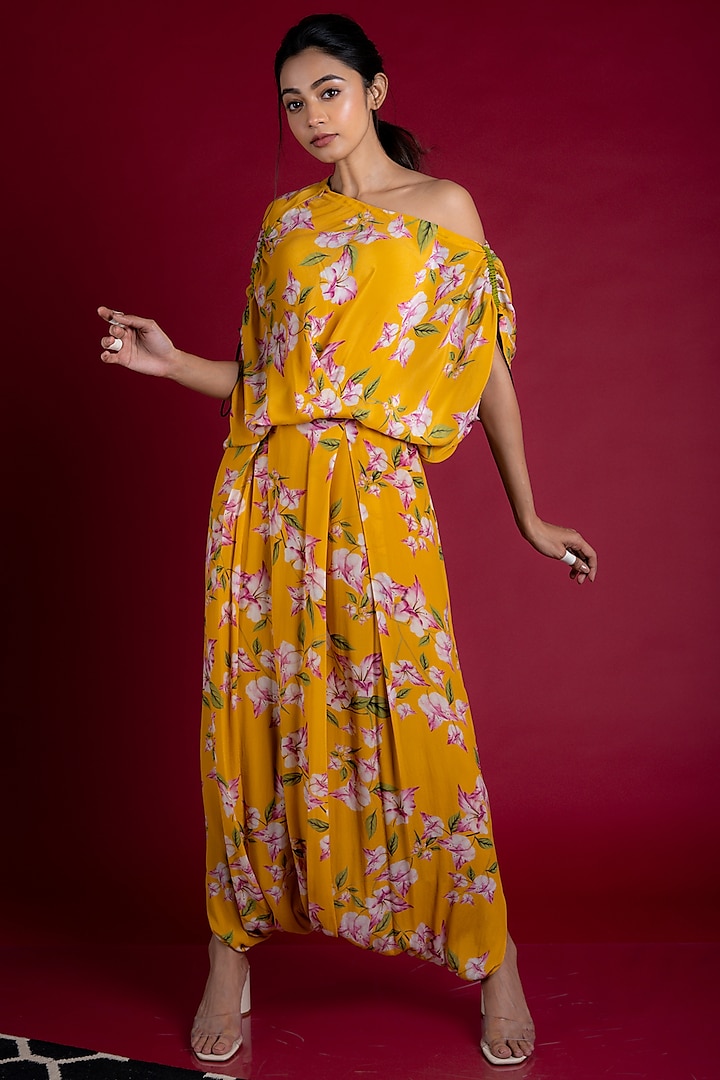 Yellow Crepe Printed Jumpsuit by Nupur Kanoi