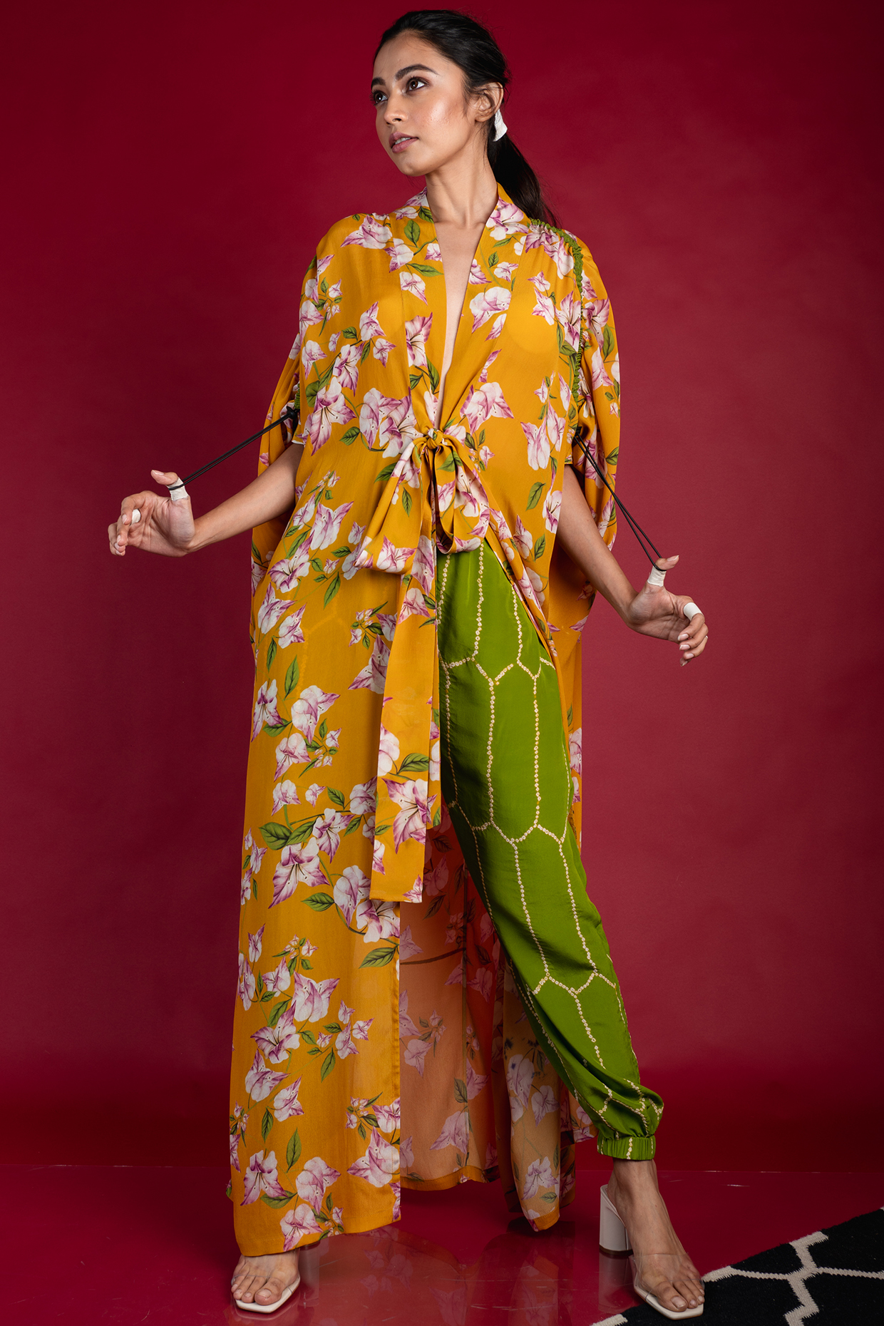 Yellow Crepe Printed Jacket Set by Nupur Kanoi