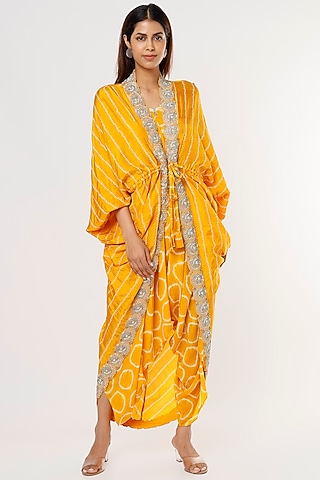 Mustard Crepe & Silk Zardosi Embroidered Jacket Dress by Nupur Kanoi