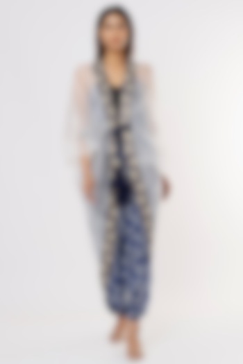 Blue Printed Jumpsuit With Tailcoat by Nupur Kanoi