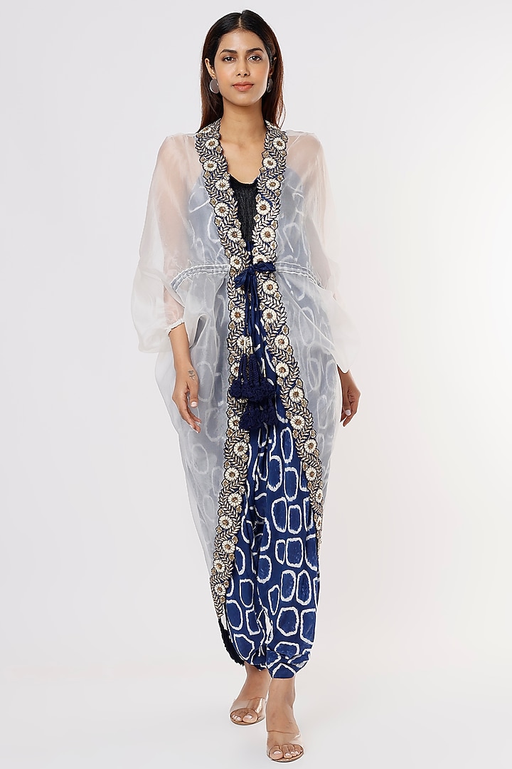 Blue Printed Jumpsuit With Tailcoat by Nupur Kanoi