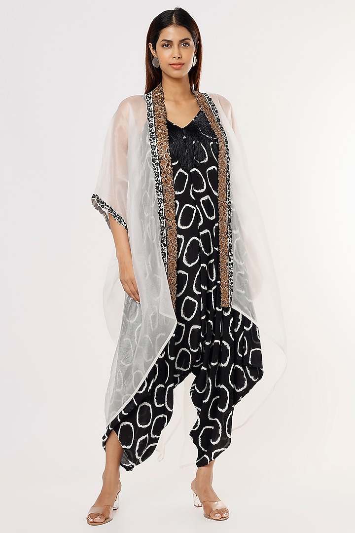 Black Printed Jumpsuit With Tailcoat by Nupur Kanoi