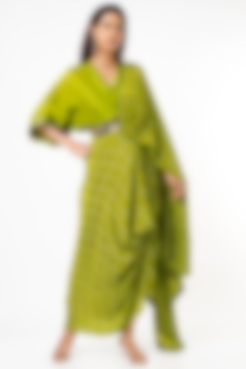 Parrot Green Bemberg Crepe Skirt Set by Nupur Kanoi at Pernia's Pop Up Shop