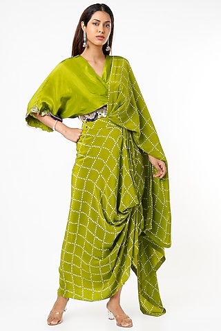 Parrot Green Bemberg Crepe Skirt Set by Nupur Kanoi