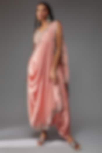 Pink Habutai Silk & Crepe Hand Embroidered Pre-Draped Dhoti Reception Saree Set by Nupur Kanoi at Pernia's Pop Up Shop
