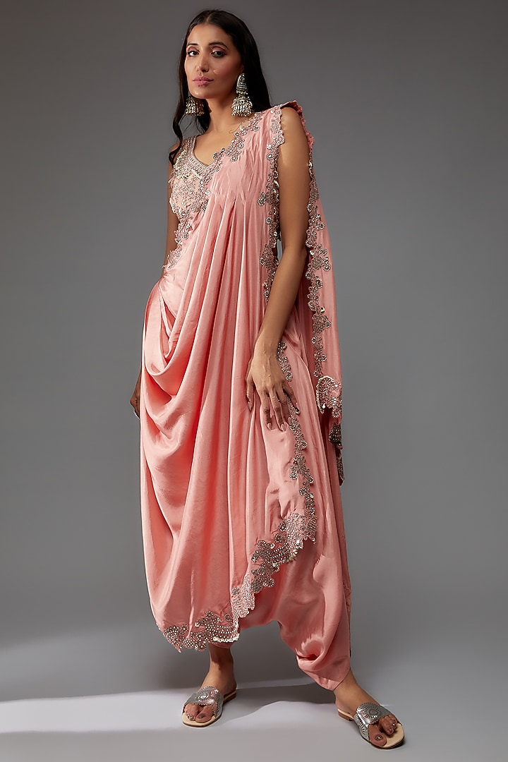 Pink Habutai Silk & Crepe Hand Embroidered Pre-Draped Dhoti Reception Saree Set by Nupur Kanoi at Pernia's Pop Up Shop