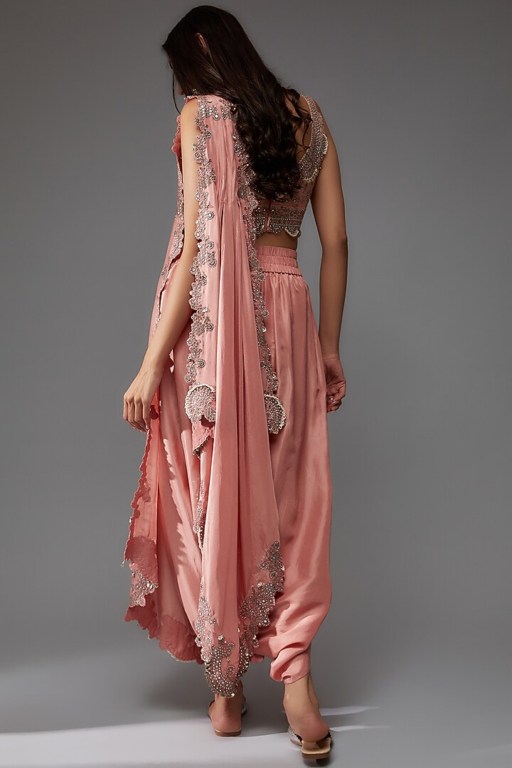 Pink Habutai Silk & Crepe Hand Embroidered Pre-Draped Dhoti Reception Saree Set by Nupur Kanoi at Pernia's Pop Up Shop