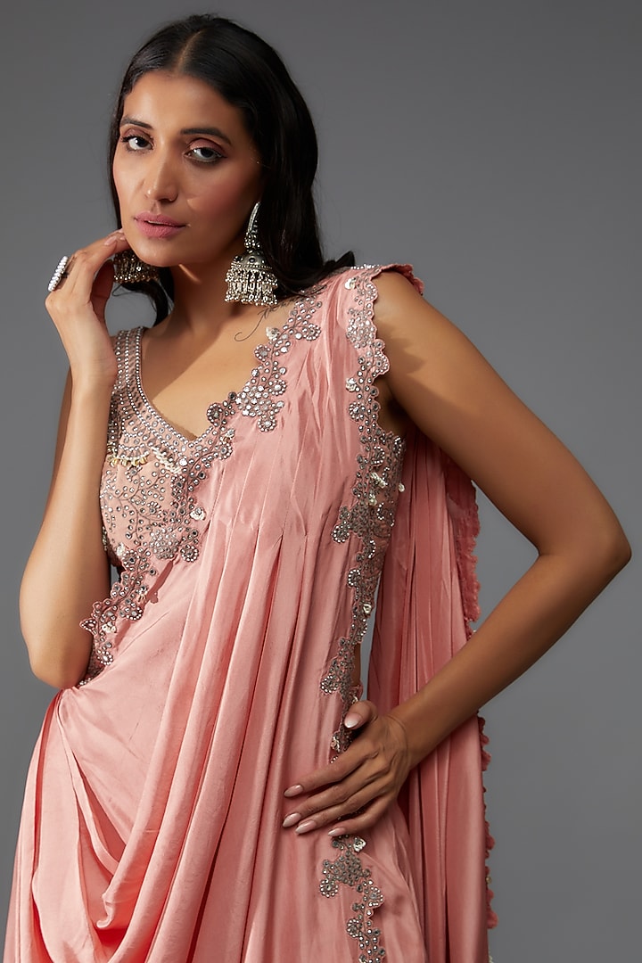Pink Habutai Silk & Crepe Hand Embroidered Pre-Draped Dhoti Reception Saree Set by Nupur Kanoi at Pernia's Pop Up Shop