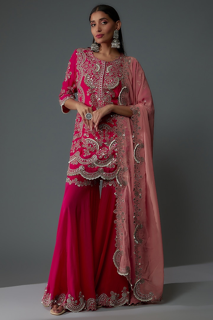 Fuchsia Crepe Tiered Bridal Sharara Set by Nupur Kanoi at Pernia's Pop Up Shop