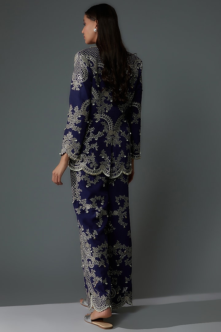 Navy Blue Crepe & Satin Lycra Hand Embroidered Blazer Set by Nupur Kanoi at Pernia's Pop Up Shop